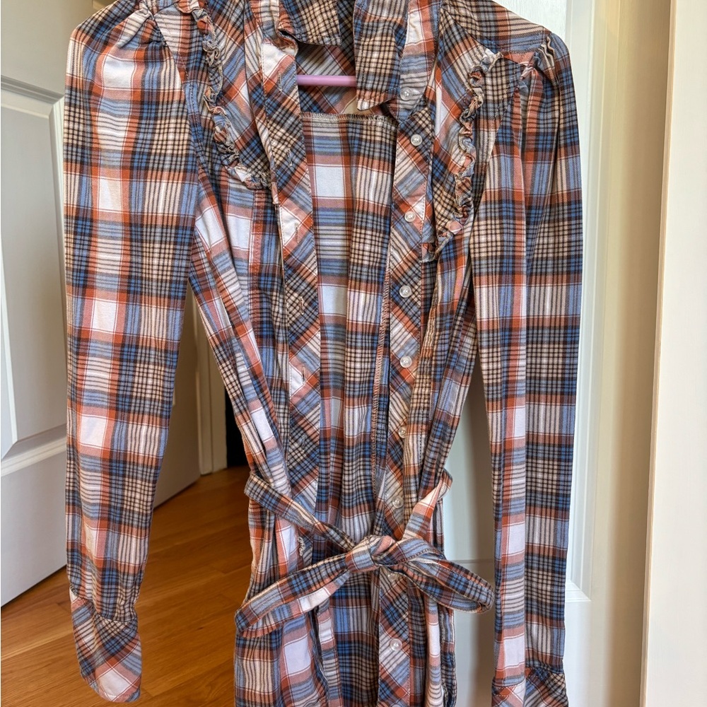 Rubbish Plaid Long Sleeve Top - Orange, Blue, White